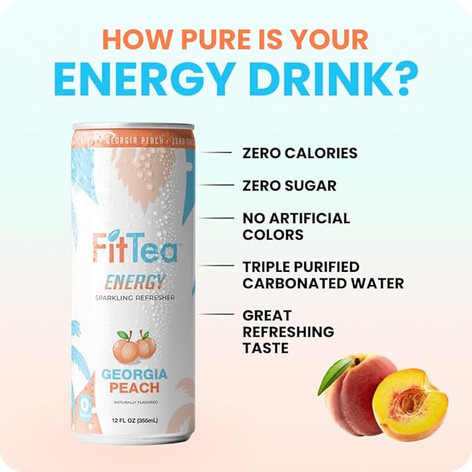FitTea Healthy Energy Drink 12 Fl Oz - Georgia Peach Pre Workout Sparkling Refresher (12 Pack) Natural Green Tea Energy Drinks Sugar Free