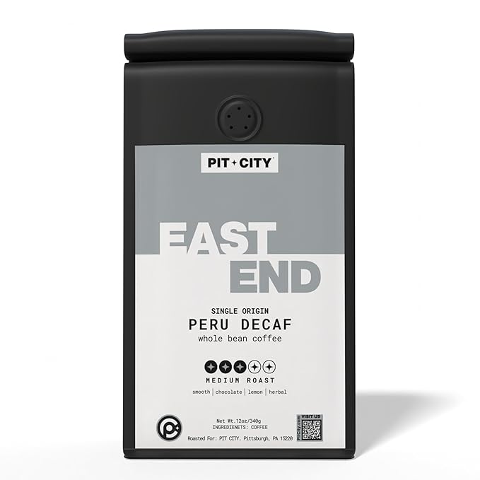 Pit City East End Single Origin Peru Decaf Medium Roast Swiss Water Process Whole Bean Coffee 12oz Bag - Smooth Chocolate Lemon and Herbal Notes - Premium Small Batch Roasted - Pittsburgh