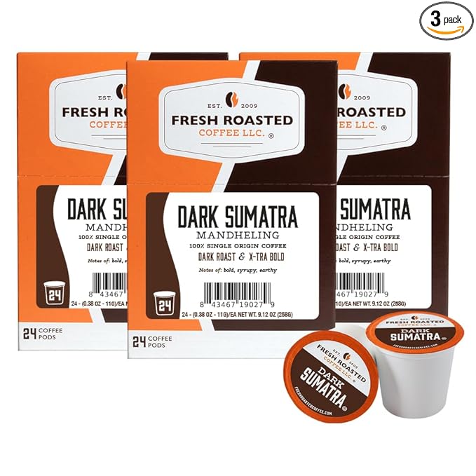 Fresh Roasted Coffee Dark Sumatra Mandheling |100% Single Origin | Dark Roast 72 Pods for K Cup Brewers
