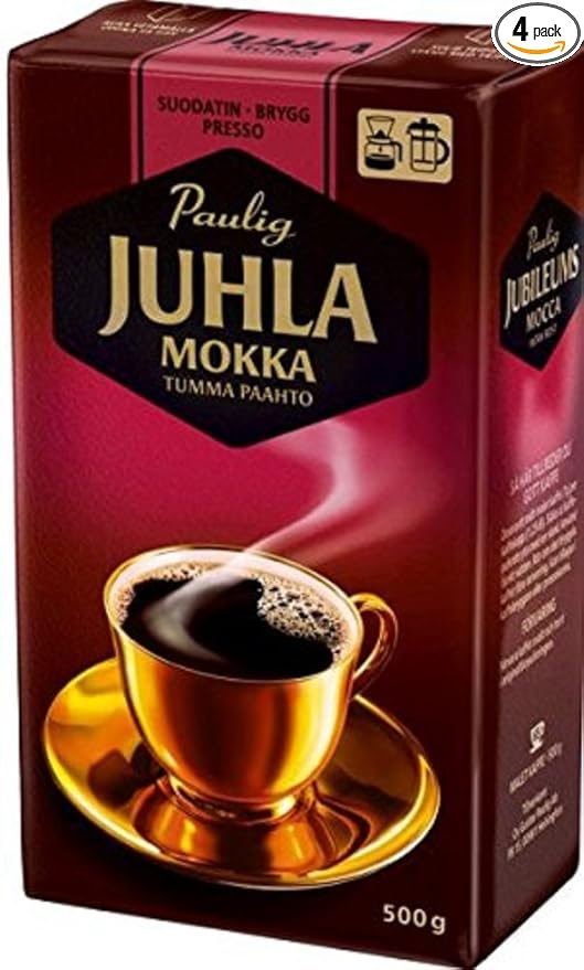 Paulig Juhla Mokka - Dark Roast - Fine Grind - Filter Blend Ground Coffee - Bag 500g (Finland) (4 Bags (Save 25%))