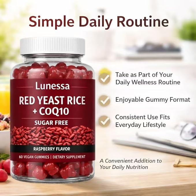 Lunessa Red Yeast Rice with Red Yeast Rice 2400mg CoQ10 200mg Restores Body Vitality &amp Maintains Healthy Cholesterol Levels for Men &amp Women Non-GMO Vegan Raspberry Flavor 60 Gummies (2)