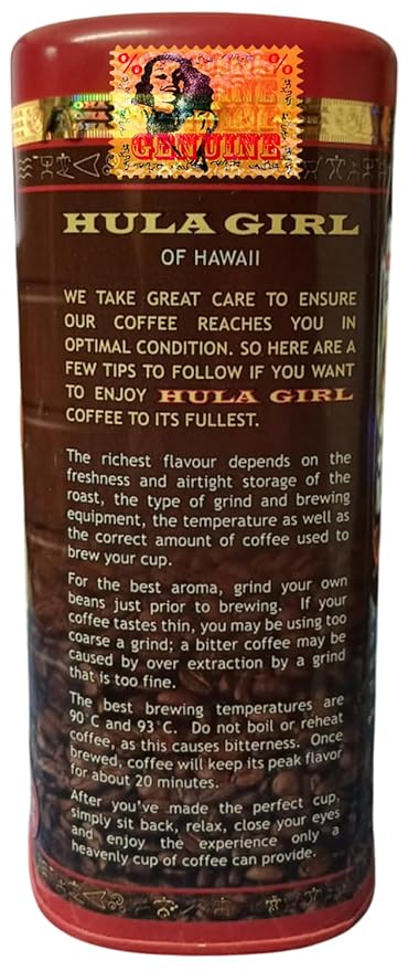 HULA GIRL 100% KONA Roasted Arabica Whole Bean Coffee Dark Roast Net Wt. 10.5 Ounce (0.66Lb) 300 Grams Collector Tin