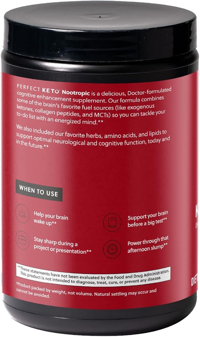 Perfect Keto Nootropic Brain Support Caffeine Free Focus and Energy Supplement with Alpha Lipoic Acid L Theanine Ginkgo Biloba Alpha GPC MCT's Collagen Ketones Chocolate Drink Mix 15 Servings