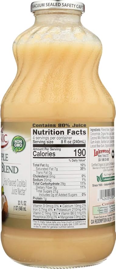 Lakewood Juice Pina Colada Organic 32.0 FO(Pack of 6)