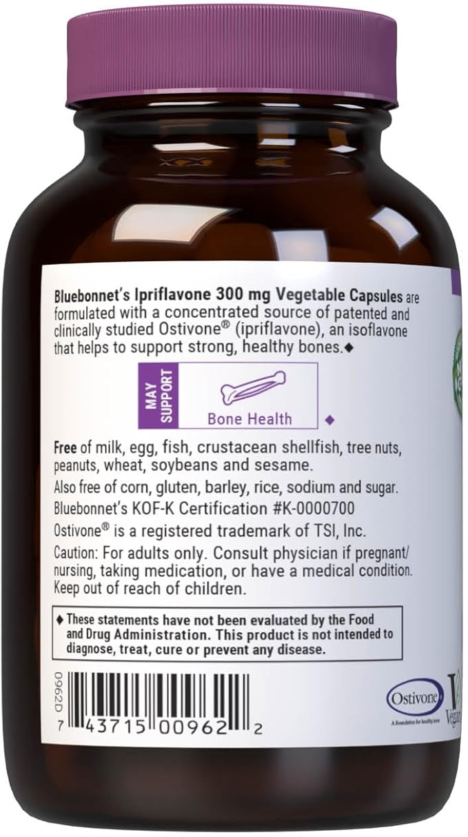 BlueBonnet Nutrition Ipriflavone 300mg – for Bone Health* – Ostivone Source - Non-GMO Vegan Kosher Certified Gluten-Free Soy-Free Dairy-Free – 60 Vegetable Capsules 60 Servings
