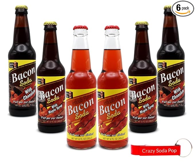 Generic Bacon Soda Pop | For the Ultimate Bacon Lover | Soda Pop with Real Cane Sugar | A Mixed 6 Pack of 3 Different Bacon Flavors | 12 oz Glass Bottles with Crazy Soda Pop Bottle Opener