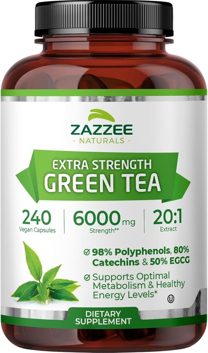 Zazzee Extra Strength Green Tea 20:1 Extract 50% EGCG 98% Polyphenols 80% Catechins 240 Vegan Capsules 8 Month Supply Certified Kosher Antioxidant &amp Metabolism Support Non-GMO Made in the