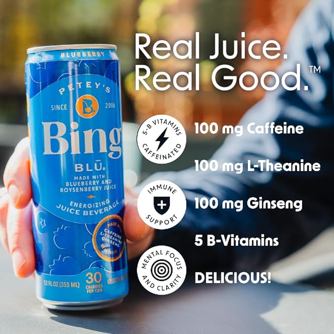BING BLUEBERRY Energizing Juice Beverage – (12oz/24pk) – Made with REAL Juice! Only 2g added Sugar Low Calorie L-Theanine 5 B-Vitamins &amp Ginseng 125 mg Caffeine Vegan Gluten + Dairy Free. DE