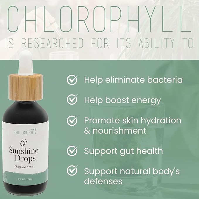 Philosophie Liquid Chlorophyll Sunshine Drops for Water | Organic Chlorophyll Drops with Mint for Detox Internal Deodorant &amp Energy Boost | Natural Vegan Supplement Non-GMO 2oz