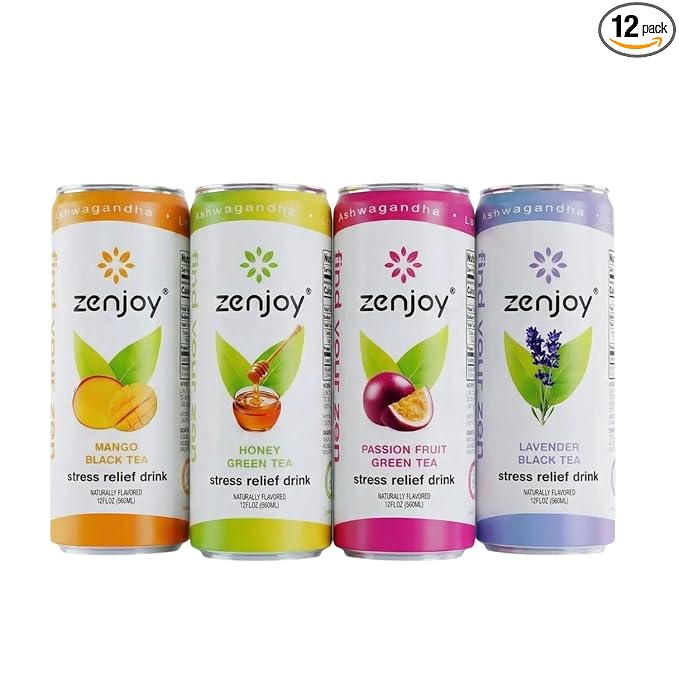 Zenjoy Stress Relief Drink Calming Green Tea &amp Black Tea Non Alcoholic Ashwagandha &amp Lemon Balm for Stress Relief L - Theanine (Variety) (12 Pack)