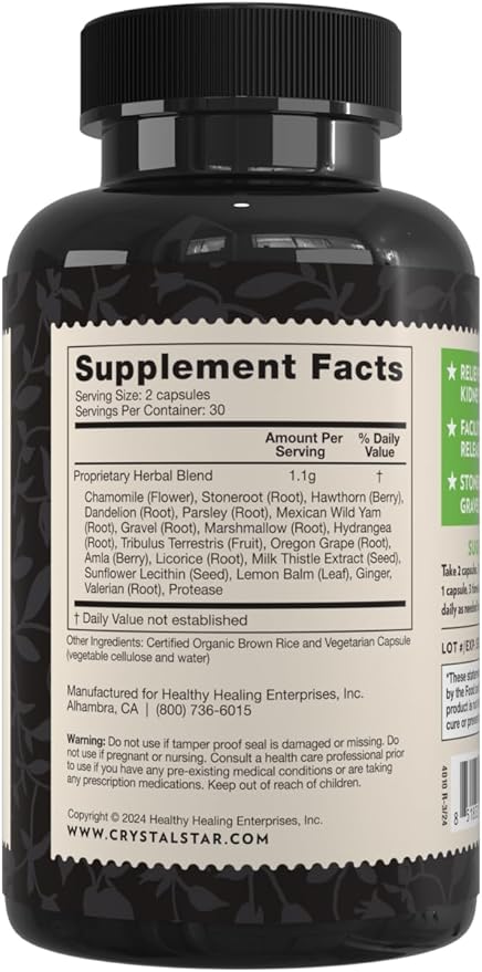 Crystal Star Kidney Care (60 Capsules) – Herbal Supplement for Kidney Cleanse Detox &amp Support - Stone Root Gravel Root &amp Hydrangea Root - Non-GMO
