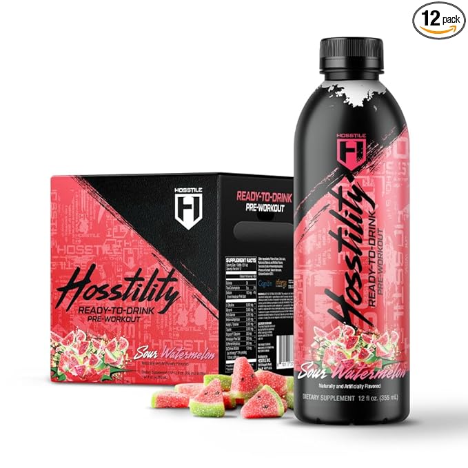 HOSSTILE Hosstility RTD Pre-Workout – Ready to Drink Pre Workout for Energy Focus Pump &amp Hydration All-in-One Formula for Performance Sour Watermelon 12 Servings