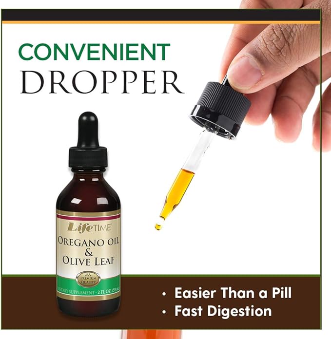 LIFETIME Organic Oregano Oil and Olive Leaf Drops - Seasonal Wellness Support Herbal Liquid Supplement for Men &amp Women 600mg per Serving Made in The USA - 2 fl oz