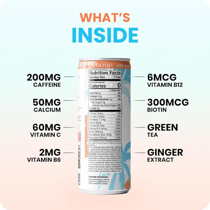 FitTea Healthy Energy Drink 12 Fl Oz - Georgia Peach Pre Workout Sparkling Refresher (12 Pack) Natural Green Tea Energy Drinks Sugar Free