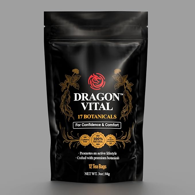 Dragon Vital Herbal Tea with Ginseng &amp Maca – Natural Energy Support | Caffeine-Free Botanical Blend for Vitality &amp Active Living | All natural - NON-GMO &amp No Preservatives |12 Tea Bags |