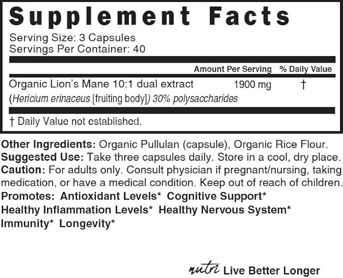 Nutri Organic Lions Mane Supplement Capsules - 1900 mg 10:1 Dual Extraction 120 Count - Certified Organic Mushroom Extract (Fruiting Body) - Third Party Tested - Cognitive Support Heart Health