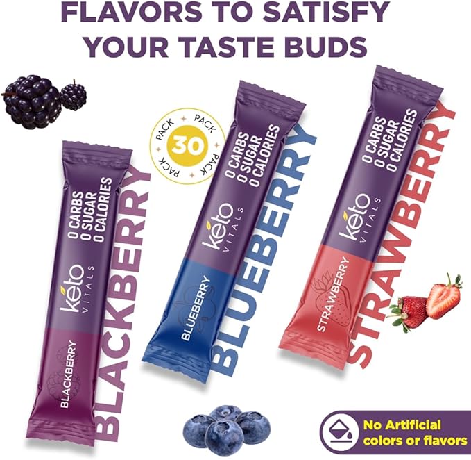 Keto Vitals Berry Electrolytes Powder Packets No Sugar | Keto Friendly Electrolytes Travel Packets | Variety Individual Stickpacks | Energy Drink Mix | Zero Calorie | Zero Carb (Berry Assorted 30)