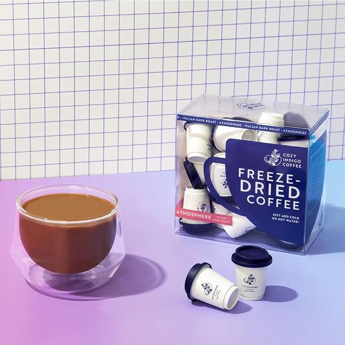 COZY INDIGO COFFEE - ATMOSPHERE Italian Dark Roast Instant Freeze Dried Specialty Coffee 24 Capsules 100% Arabica Beans Enjoy Cold or Hot Perfect for Travel and On The Go