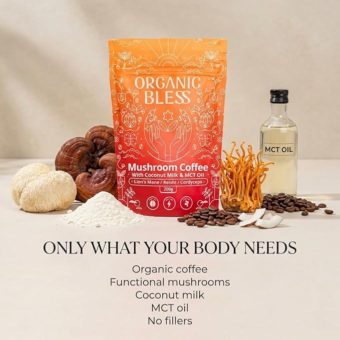 Organic Bless Instant Mushroom Coffee Powder – Organic Lion’s Mane Reishi &amp Cordyceps Blend for Energy Focus &amp Clarity – Adaptogenic Coffee with Coconut Milk &amp MCT Oil – 30 Servings