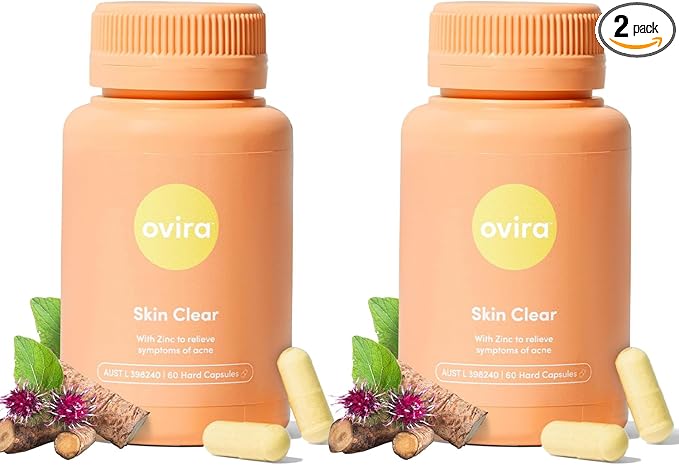 Ovira Skin Clear with ZINCBRIGHT - 60 Capsules for Clear and Glowing Skin | Rosacea &amp Hormonal Acne Treatment | Support Collagen Production | Acne Supplements for Women &amp Men - Pack of 2