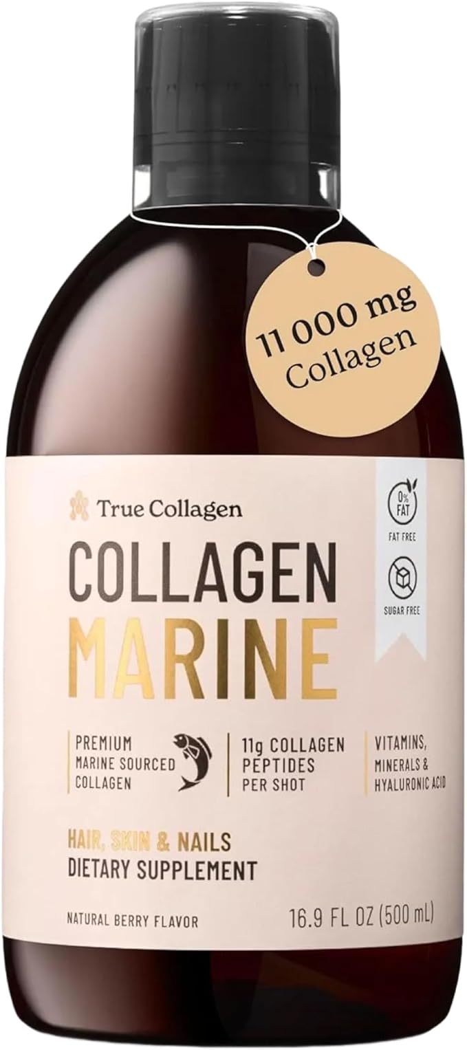 True Collagen Marine | 11000 mg Hydrolyzed Collagen Liquid Supplement - 500 ml 20 Day Supply | Hyaluronic Acid Biotin and Vitamin C for Healthy Hair Skin and Nails | Sugar-Free &amp Fat-Free