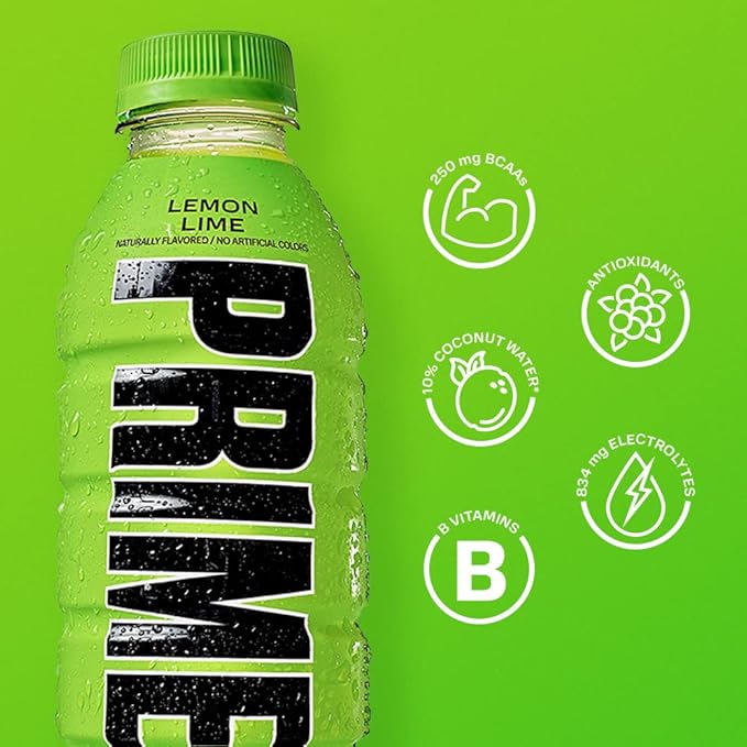 PRIME Hydration LEMON LIME Sports Drinks Electrolyte Enhanced for Replenishing Fluids 250mg BCAAs B Vitamins Antioxidants Low Sugar 16.9 Fl Oz 12 Pack