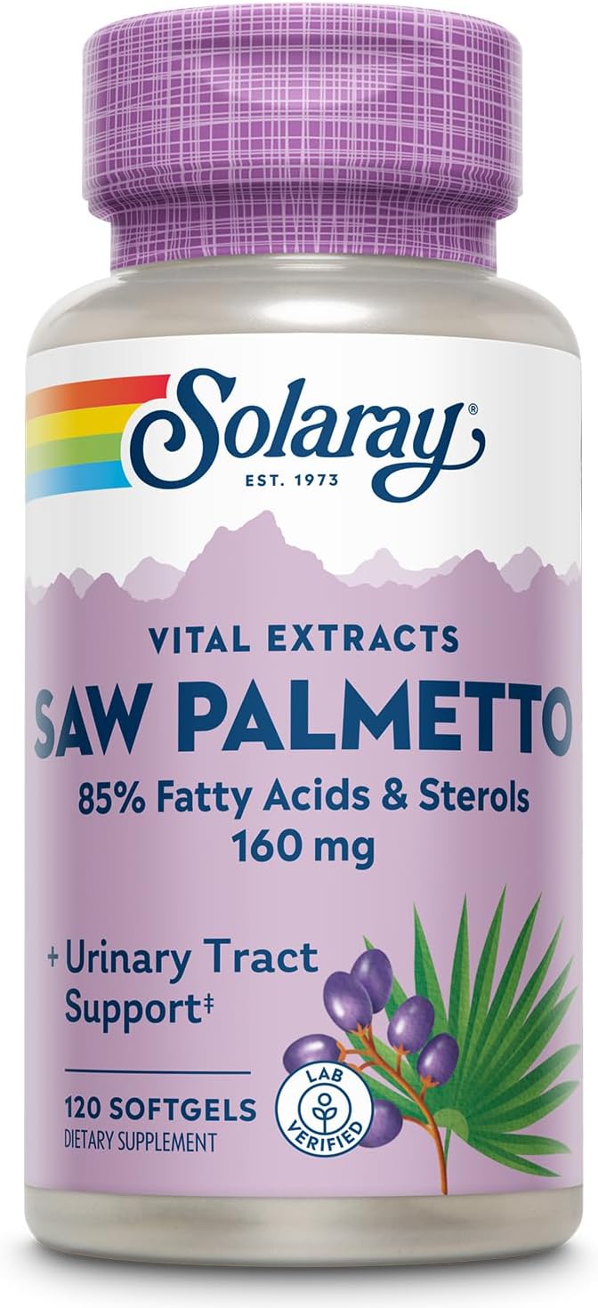 SOLARAY Saw Palmetto Extract - Prostate Health and Urinary Tract Support - 136 mg Fatty Acids and Sterols - Lab Verified 60-Day Money-Back Guarantee (120 Servings 120 Softgels)