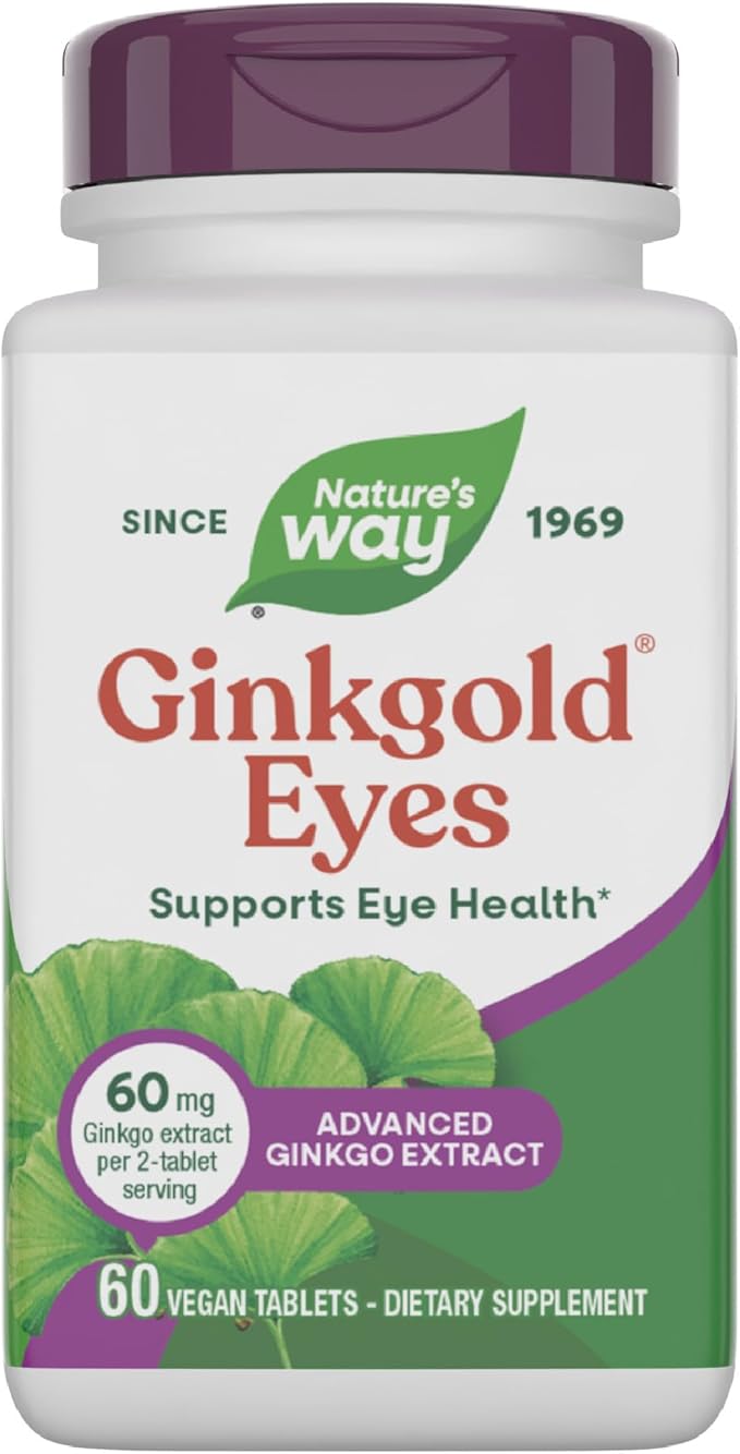 Nature's Way Ginkgold Eyes Gingko Biloba Supplements for Adults Supports Eye Health* Gluten Free 60mg Ginkgo Biloba Extract Per 2-Tablet Serving 60 Tablets (Packaging May Vary)