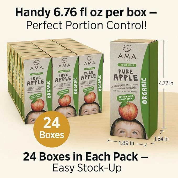 AMA TIME Organic Apple Juice Boxes for Kids – 24 Pack 6.76 fl oz Each | With Vitamins A &amp C USDA Organic No Added Sugar Gluten-Free | Perfect for School Lunch Travel or Snacks