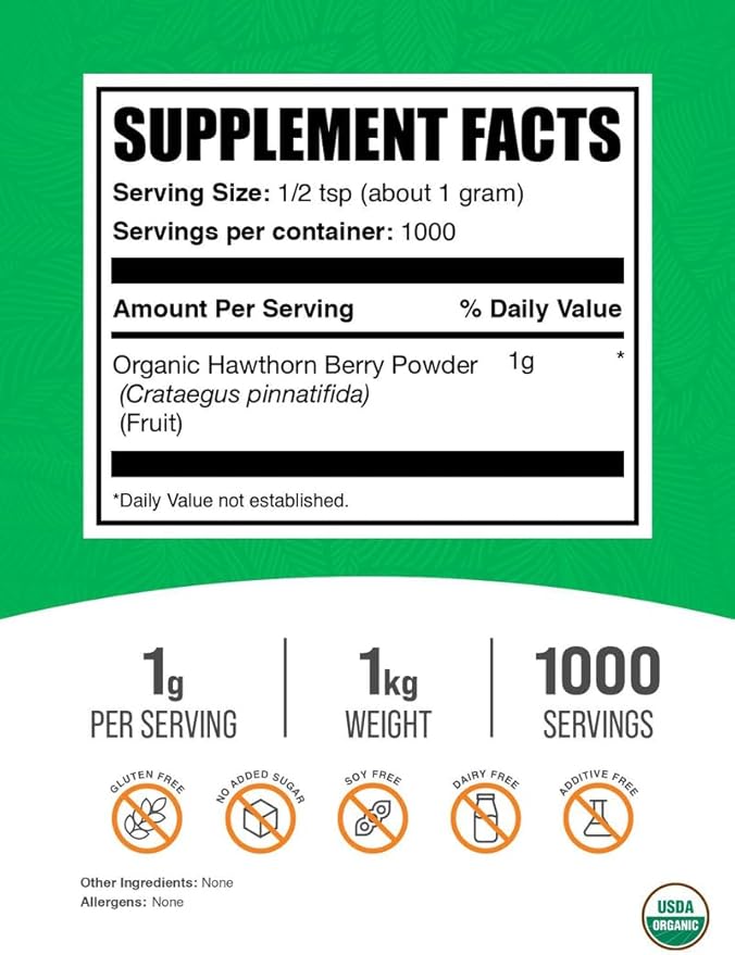 BulkSupplements.com Organic Hawthorn Berry Powder - Herbal Supplement Hawthorn Berry Organic - Vegan &amp Gluten Free 1g per Serving 1kg (2.2 lbs) (Pack of 1)