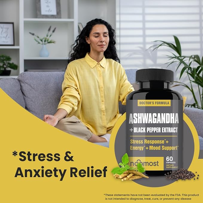 NooMost Ashwagandha Root Extract 15:1 with Black Pepper for Better Absorption - 60 Capsules - Natural Stress Energy Focus &amp Sleep Support - Adaptogen Supplement for Men &amp Women - Made in USA
