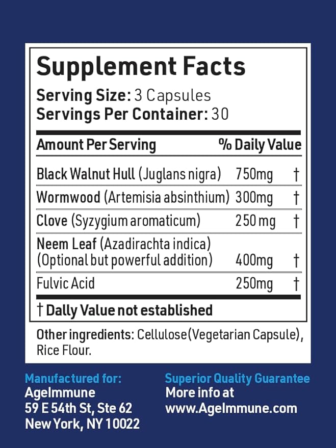 AgeImmune ImmuneG.I. Wormwood Black Walnut Clove Neem Fulvic Acid- Intestinal Cleanse Formula Doctor Formulated to Support Gut Health and Detox - No Stearates No Dioxides – 90 Capsules