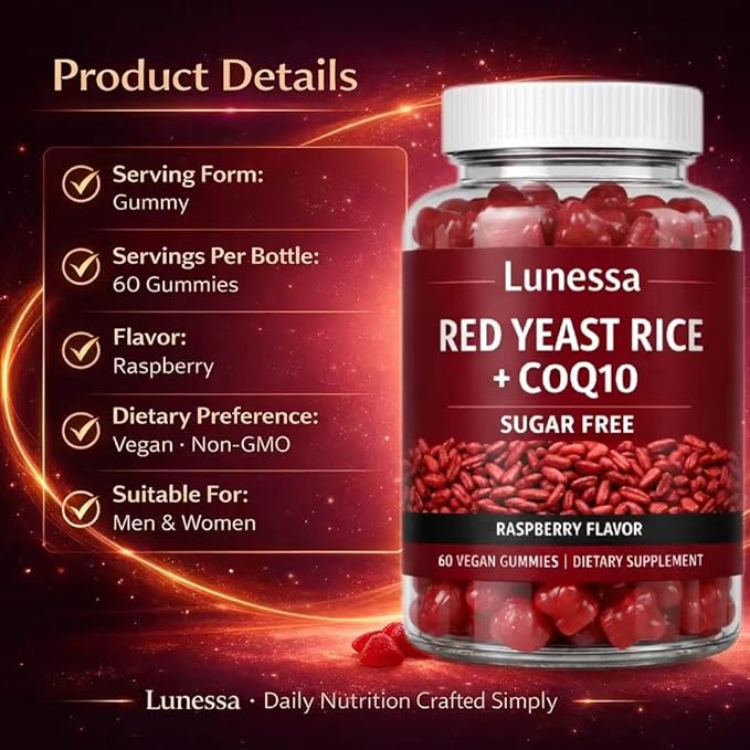Lunessa Red Yeast Rice with Red Yeast Rice 2400mg CoQ10 200mg Restores Body Vitality &amp Maintains Healthy Cholesterol Levels for Men &amp Women Non-GMO Vegan Raspberry Flavor 60 Gummies (1)