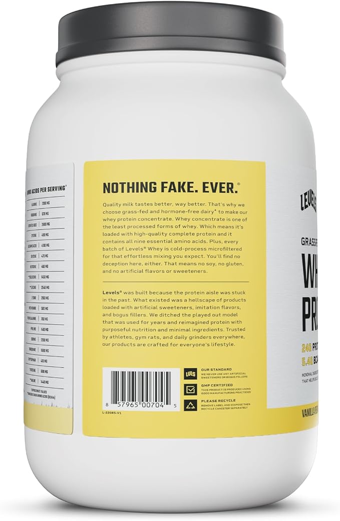 Levels Grass Fed Whey Protein Powder No Artificials 24G of Protein Vanilla Bean 2LB