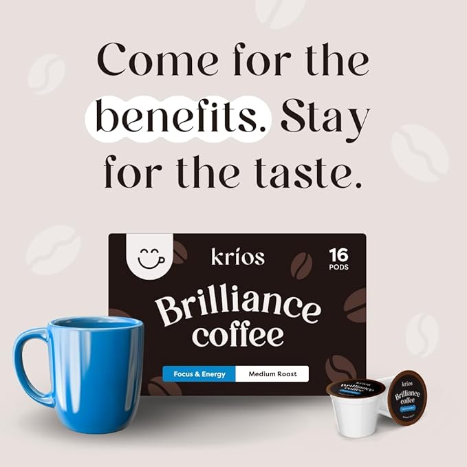 Krios Coffee Brilliance Coffee Pods Enhance Energy &amp Focus with Essential Vitamins L-Theanine Bacopa Monnieri &amp Rhodiola Rosea Medium Roast Smooth 16 Ct