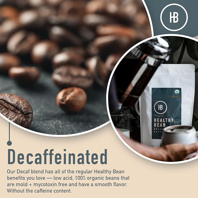 Healthy Bean Decaf Organic Ground Coffee - Low Acid Coffee Grounds for Sensitive Stomach - Medium Roast Blend USDA Organic High Antioxidants Smooth and Rich Flavor Low Acid Decaf 11oz