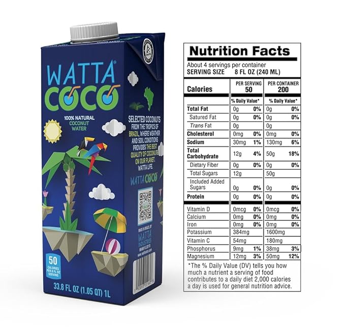 Watta Coco Natural Brazilian Coconut Water No Added Sugar - Unsweetened and Preservative Free Agua de Coco - Healthy Drinks and Juice Alternative for Adults and Kids from Young Raw Green Coconuts 33