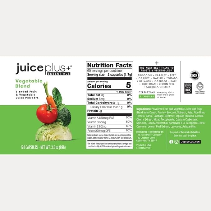 Juice Plus+ Fruit Vegetable Berry &amp Omega Blend Capsules - Nutrition from 30 Fruits Vegetables &amp Berries + Plant-Based Omega Fatty Acids - 4 Bottles (60 Servings Each)