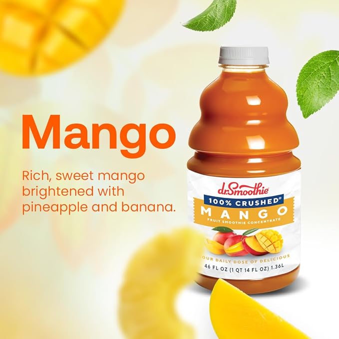 Dr. Smoothie 100% Crushed Mango – No Added Sugar Made with Real Fruits/Fruit Juice – Vegan No Artificial Colors or Flavors – Sweet Mango with a Hint of Pineapple &amp Banana – Six 46 oz Bottles