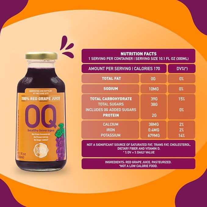 OQ Healthy Beverages Brazilian Whole Grape Juice 100% Pure | No Sugar Added | Naturally Rich Grape Flavor | 10.14 fl oz (Pack of 12)