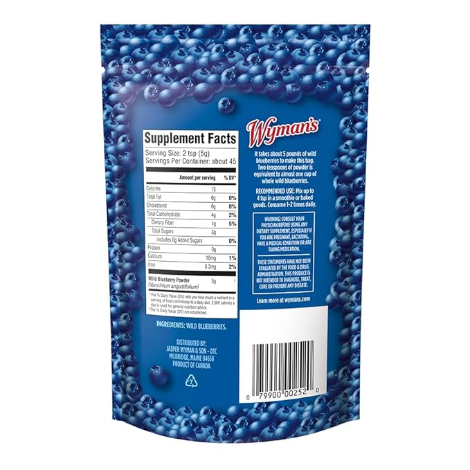 Wyman's Wild Blueberry Juice &amp Powder Bundle 12 Glass Bottles Juice 8oz Blueberry Powder 100% Wild Blueberries Antioxidant Activity Great for Smoothies &amp Baked Goods No Sugar Added