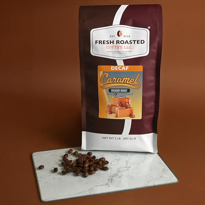 Fresh Roasted Coffee Decaf Caramel Flavored Coffee 2 lb (32 oz) Medium Roast Kosher Whole Bean