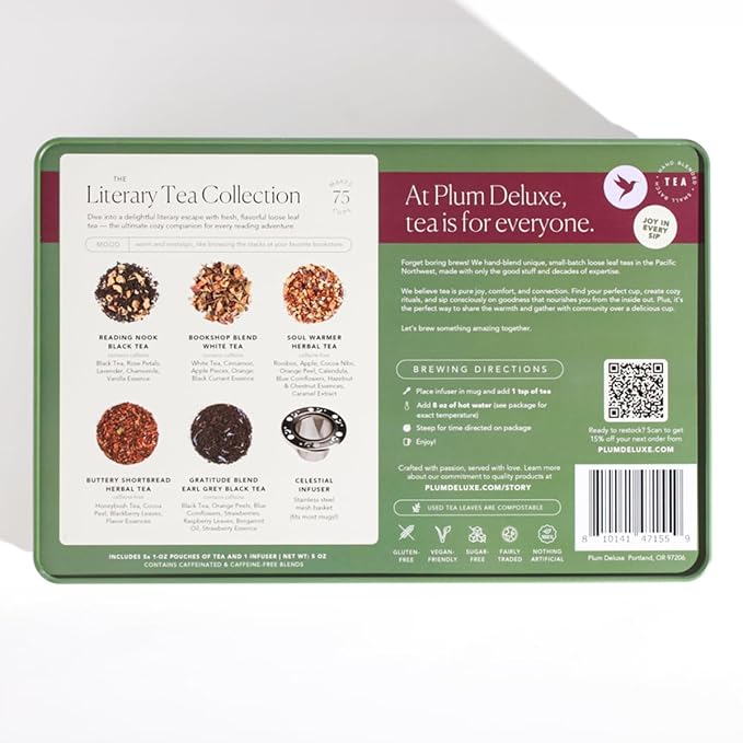 Literary Tea Collection Assorted Tea Gift Set - Hand-Crafted Loose Leaf Teas Presentation Gift Box with Loose Leaf Steeper Included - Mixed Caffeine - 5 Unique and Flavorful Teas 75+ Cups