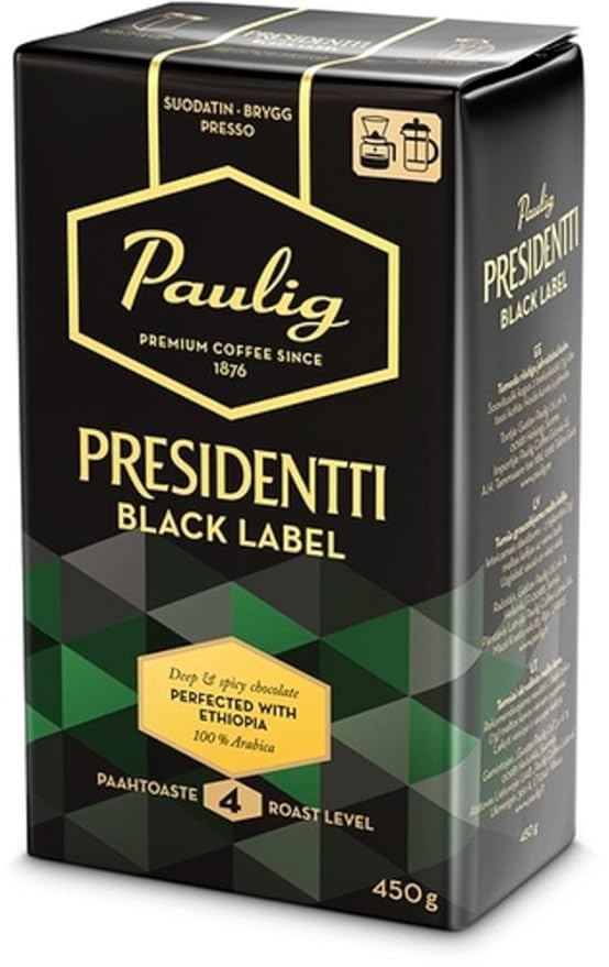 Paulig Presidentti - President - Gold Label - Black - Original - Finnish - Premium - Dark Roast - Fine Grind - Filter Ground Coffee - Bag 450g