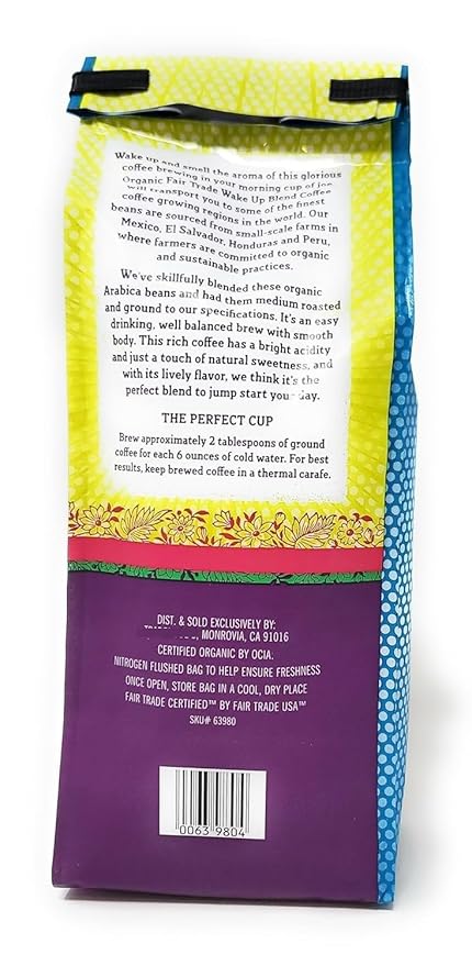 Organic Fair Trade Wake Up Blend Ground Coffee Medium Roast Smooth &amp Well Balanced 100% Arabica Ground Coffee - Pack of 1