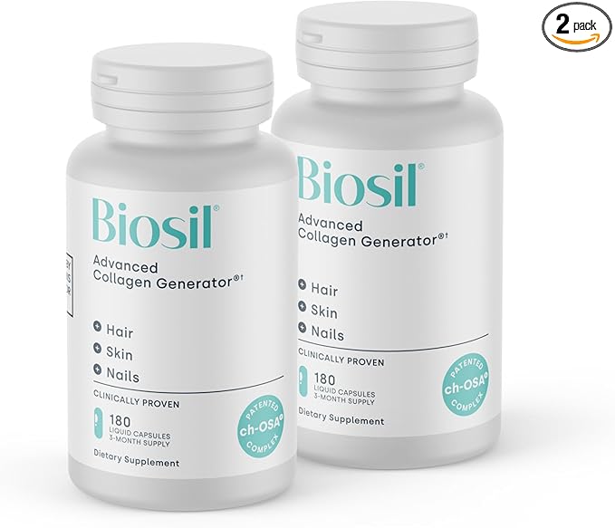 Biosil Collagen Booster Supplement - 180 Liquid Capsules Pack of 2 - Patented ch-OSA Activator for Skin Hair Nails &amp Joints - Supports Natural Production - 180-Day Supply