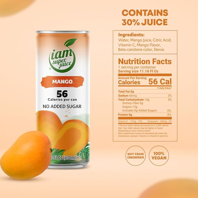 I am Superjuice Mango - Natural Fruit Juice Drink - Zero Added Sugar - Low in calories (56 per can) - 12 Pack x 11.16 FL OZ