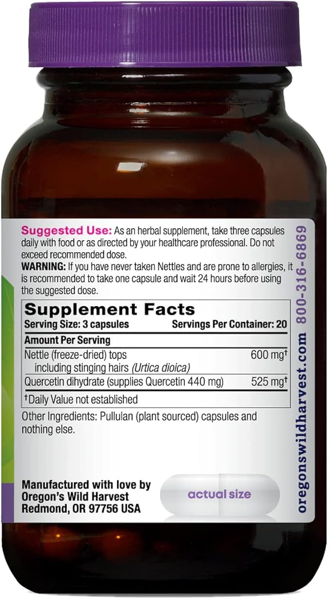 Oregon's Wild Harvest Nettle Quercetin Capsules Non-GMO Organic Herbal Supplements 60 Count