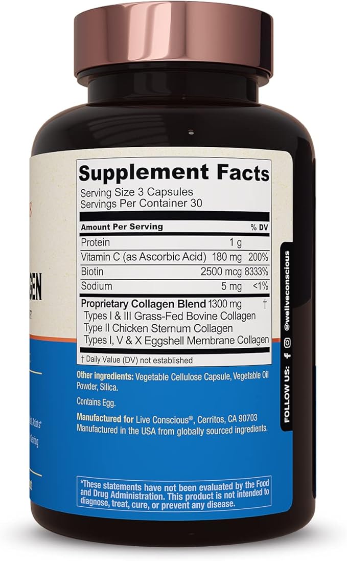 Live Conscious Beyond Collagen Multi Collagen Capsules - Types I II III V &amp X - Hydrolyzed Blend with Biotin &amp Vitamin C for Hair Skin Nails 90 Capsules