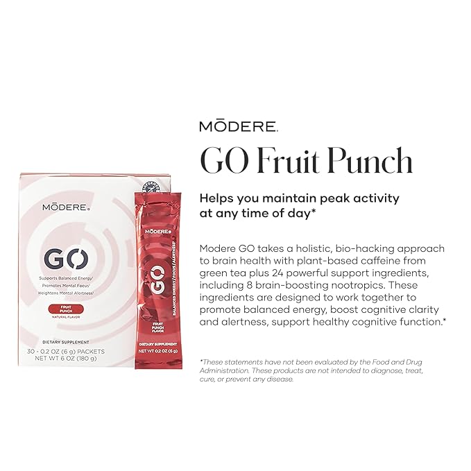 Modere GO Fruit Punch Energy Drink Mix - Refreshing Fruit Punch Flavor Easy to Mix Powder Stick Packs for On-the-Go Use Box - 30 Count